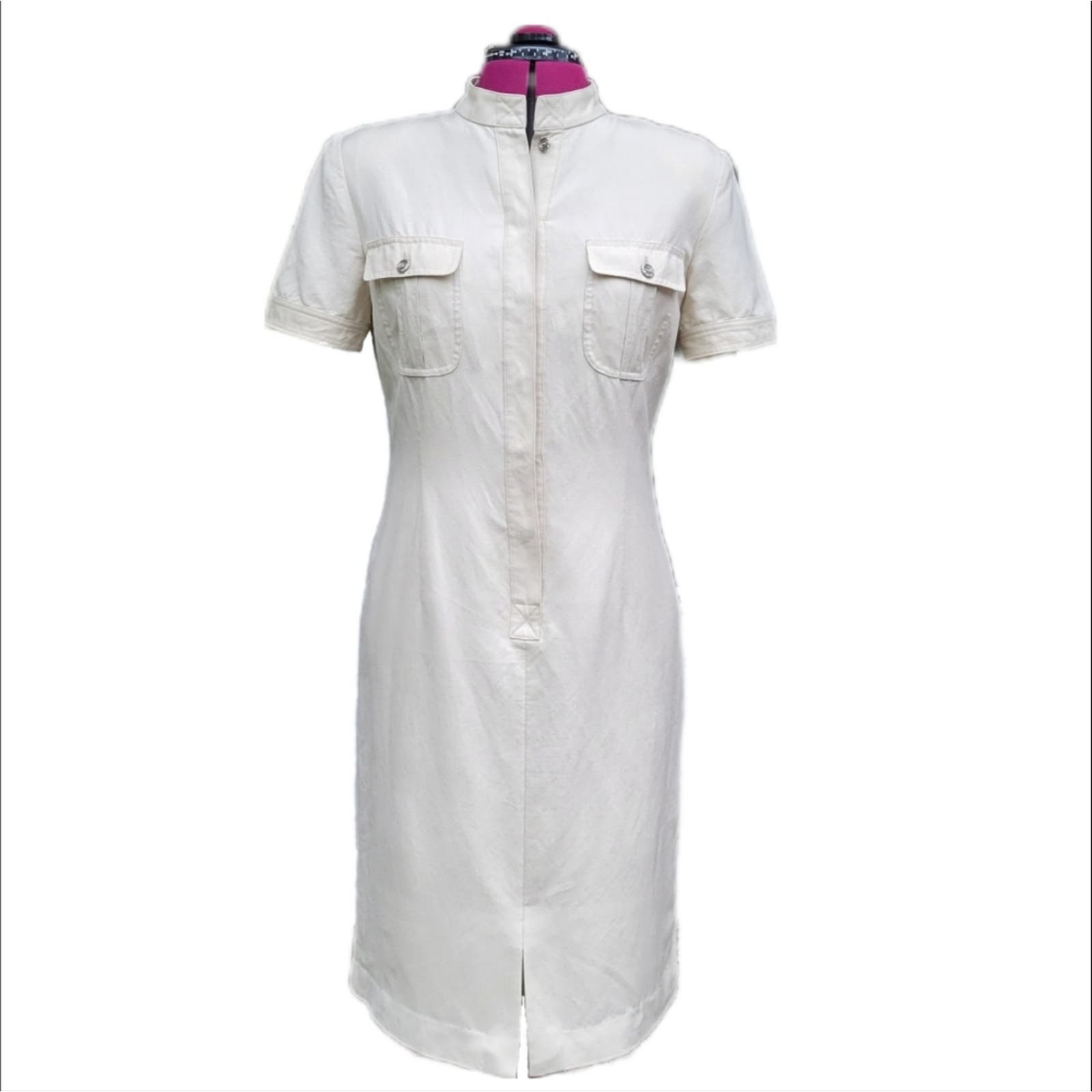Adrianna Papell Ivory Linen Blend Midi Safari Utility Shirt Dress Sz 10